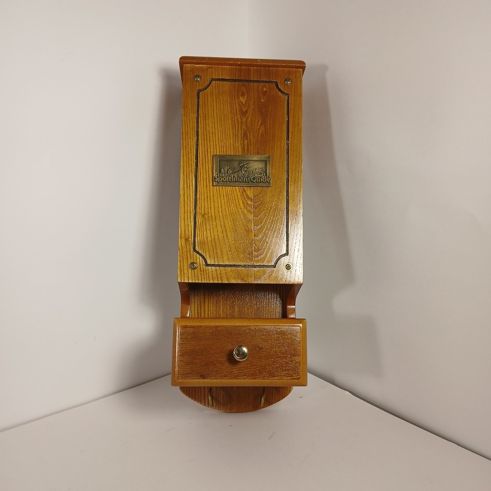 Vtg Sportmans Guide Wooden Wall Mount Holder Box W/Drawer & 2 Key Hooks Thomas